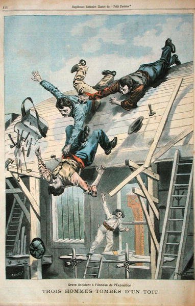 Kolme katolta putoavaa miestä, "Le Petit Parisian", kaiverrus Fortune-Louis Meaulle (1844-1901) 8. huhtikuuta 1900 (väri litho) tekijältä (after) Carrey