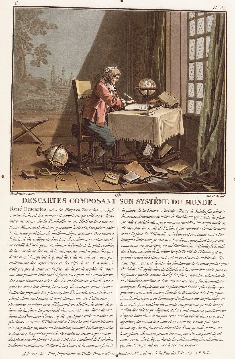 Descartes Composing His World System, n.1786-1792 (väriakvatinta) tekijältä (after) Desfontaines