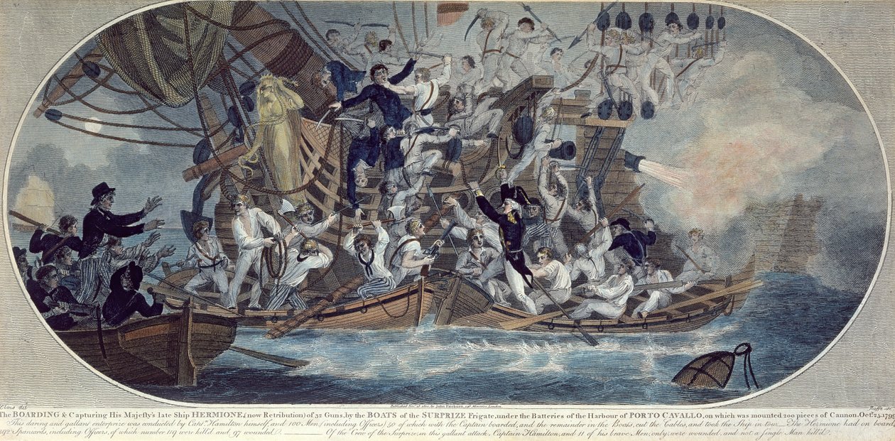 Hänen majesteettinsa edesmenneen aluksen, Hermionen (nykyään Retribution) kyytiin nouseminen ja vangitseminen 25. lokakuuta 1799, kaiverrus Roffe (värillinen etsaus) tekijältä (after) Elms