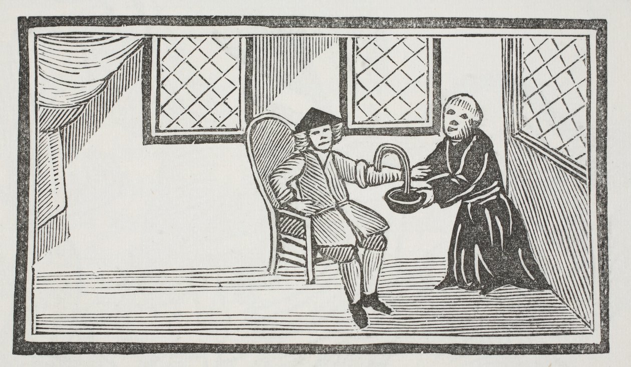 Esitys petollisesta munkista, joka vuotaa hänet kuoliaaksi, kuvitus John Ashtonin pubista "Chap-books of the Eightenth Century". 1882 (litho) tekijältä (after) English School