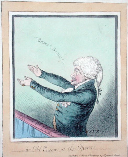 Vanha Encore oopperassa! kaivertanut James Gillray (1756-1815), julkaissut Hannah Humphrey vuonna 1803 (käsinvärinen etsaus) tekijältä (after) English School