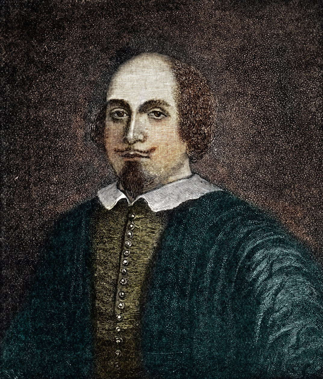 Englannin näytelmäkirjailija William Shakespearen (1564-1616) muotokuva Kaiverrus anonyymin 1700-luvun maalauksen jälkeen tekijältä (after) English School