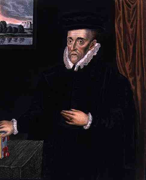 Cambridgen Emmanuel Collegen perustajan Sir Walter Mildmayn (1520?-1589) muotokuva The History of Cambridgesta, julkaisija R. Ackermann tekijältä (after) English School