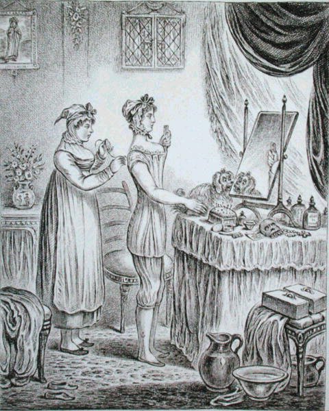 James Gillrayn (1757-1815) syövyttämä, Hannah Humphreyn vuonna 1810 julkaisema "Progress of the Toilet: the Stays" (syövytys). tekijältä (after) English School