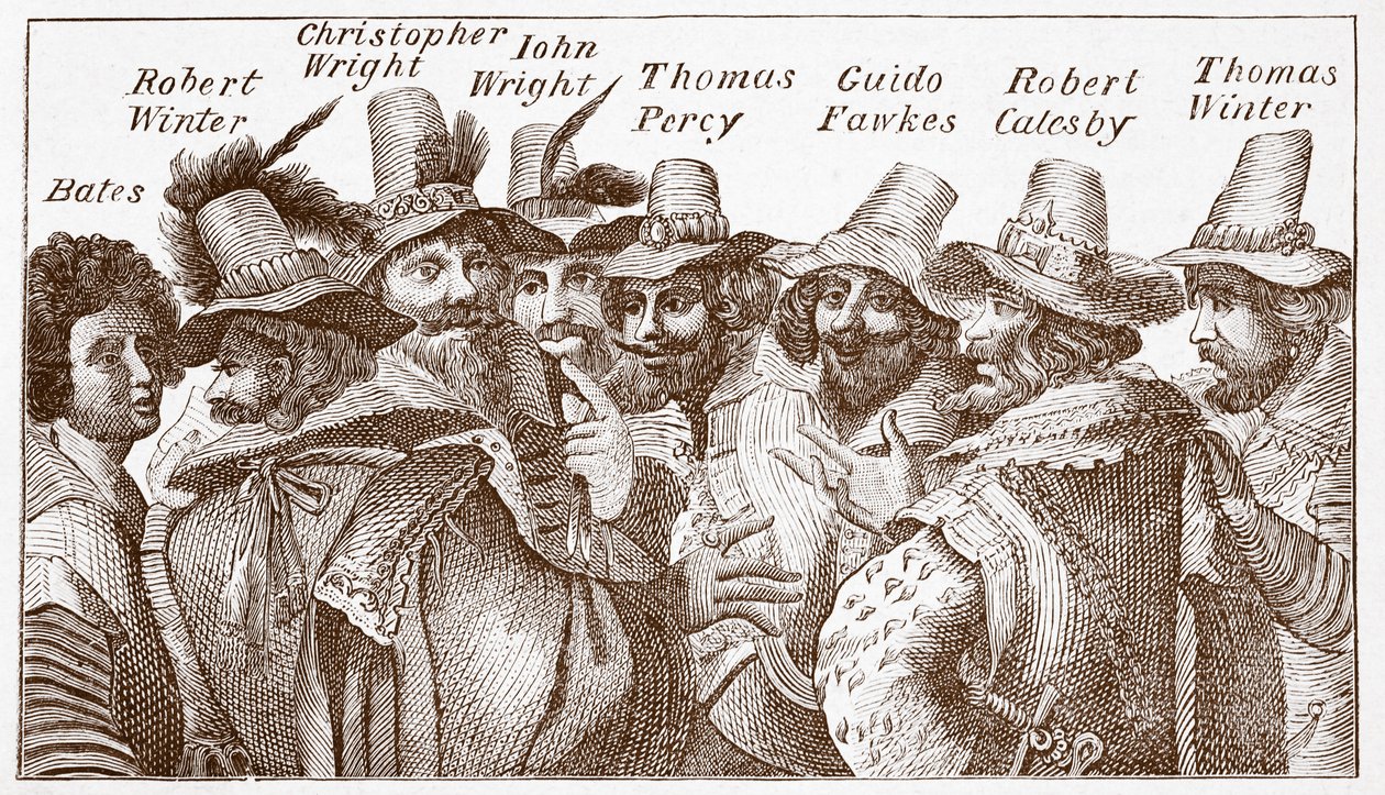 Gunpowder Plot Conspirators, vuoden 1606 kaiverruksen jälkeen (kaiverrus) tekijältä (after) English School