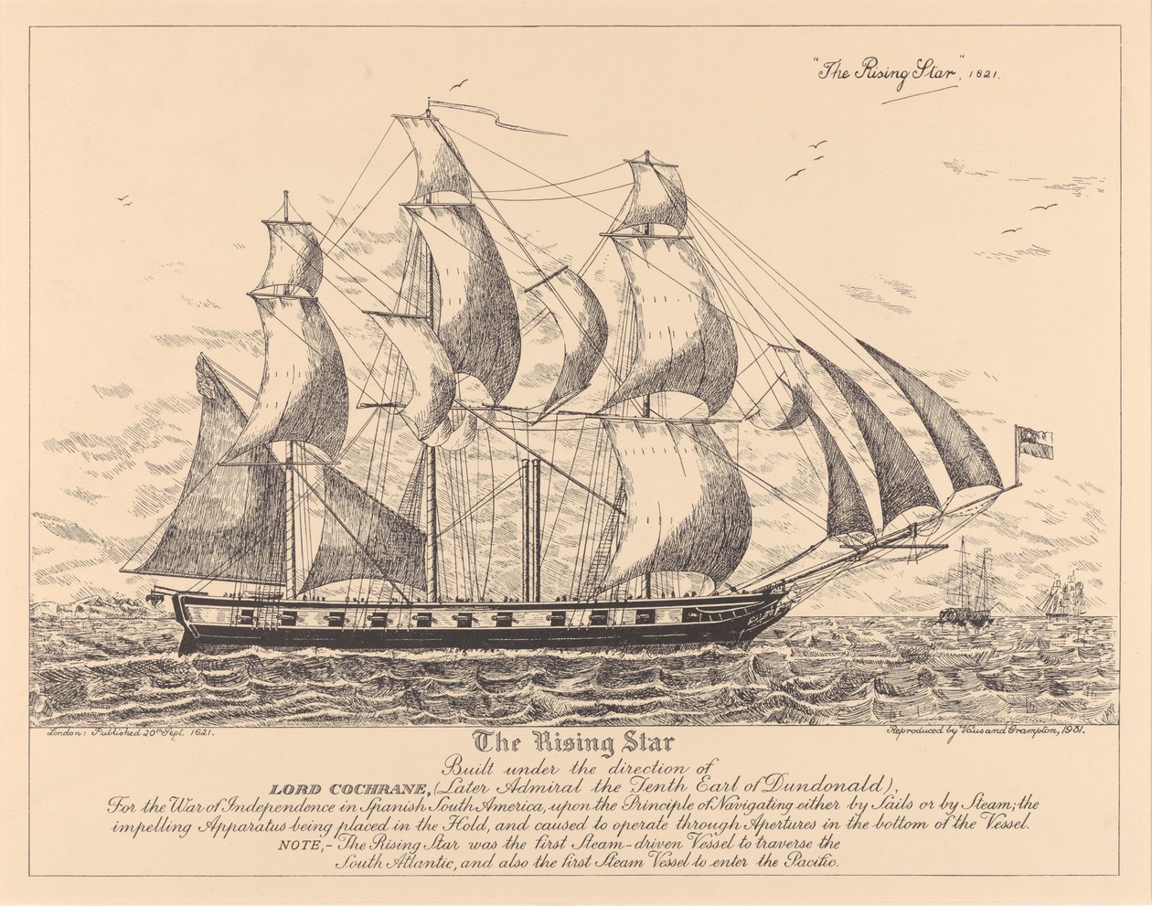Rising Star (1821), joka rakennettiin Espanjan Etelä-Amerikan itsenäisyyssotaa varten. tekijältä (after) English School