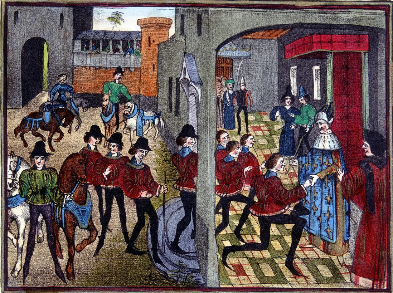 Charlemagne vastaanottaa 4 Aymon-poikaa hovissa ja tekee heidät ritariksi - Huon de Villeneuven 1200-luvun pienoismallin jälkeen tekijältä (after) French School