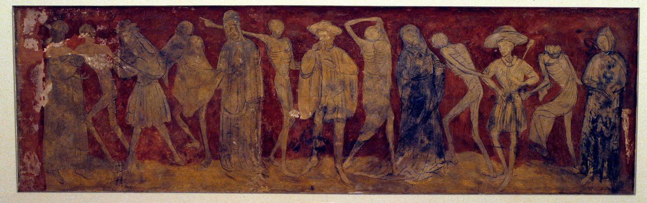 La Chaise-Dieun muinaisen luostarin (Chaise Dieu) freskojulkaisu "La Danse macabre", jonka teki Louis Yperman (1856 noin?) 1894. Paris, Museum of Monuments english tekijältä (after) French School