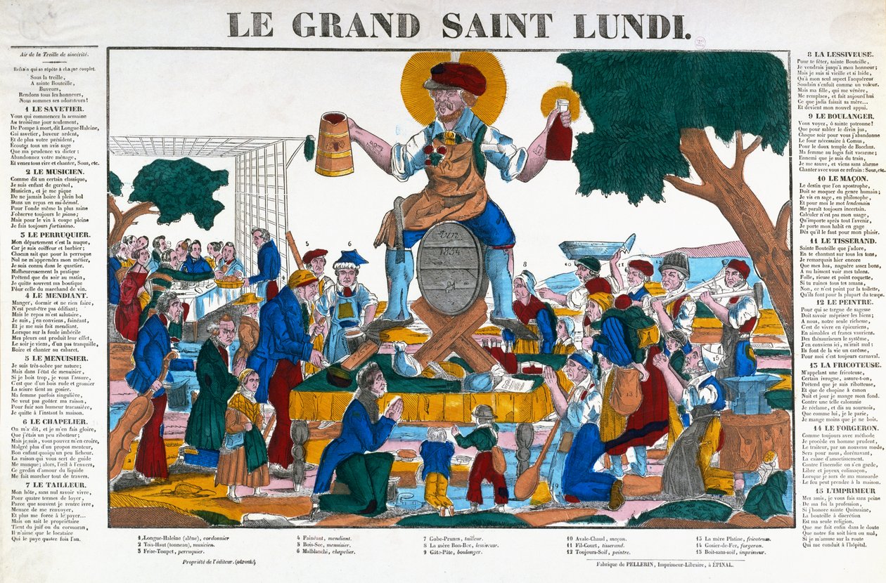 Le Grand Saint Lundi, pyhä maanantai, sarjakuva työntekijöistä ja kauppiaista, jotka omistavat maanantait alkoholille työn sijaan, 1800-luvun puoliväli (värilitho) tekijältä (after) French School