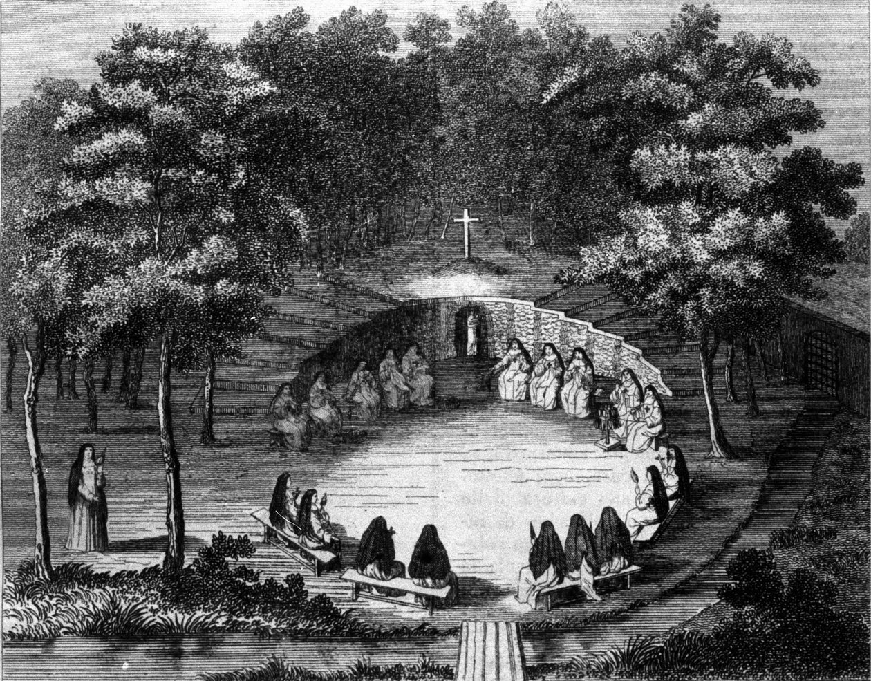Port Royal des Champsin (Port-Royal-des-Champs) luostarin nunnat luennolla yksinäisyydessä. Kaiverrus 1700-luvun ranskalaisen koulun pergamentin mukaan. tekijältä (after) French School