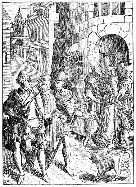 Provostin vankila, rue de la Tannerie, Pariisi, Joose de Damhouderin (1507-81) julkaiseman Antwerpenin teoksen "Praxis Rerum Civilium" puupiirroksen mukaan. tekijältä (after) French School