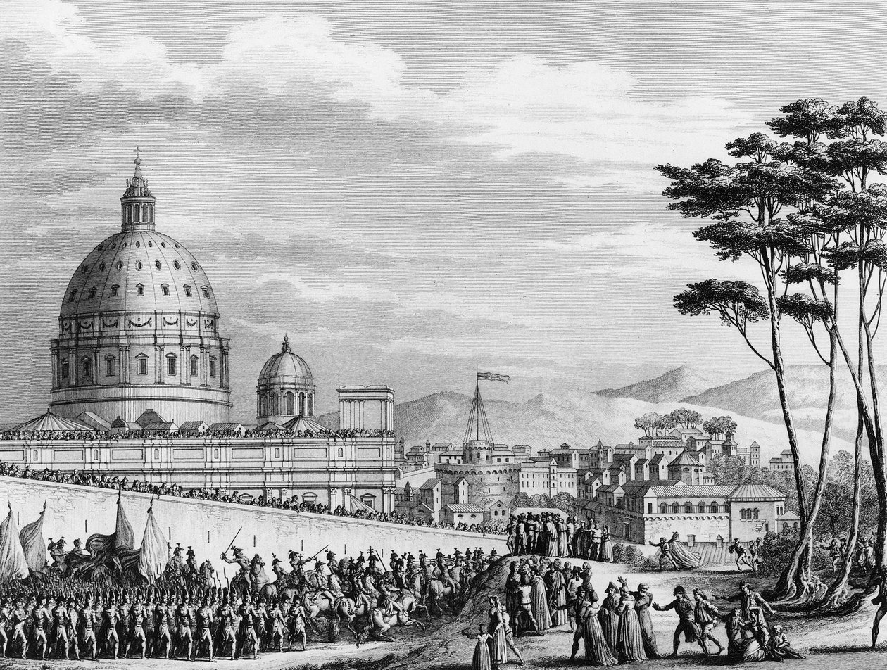 Ranskan vallankumous: Ranskan voittoisa saapuminen Roomaan Italiassa helmikuussa 1798, jota johti kenraali Louis Alexandre (Louis-Alexandre) Berthier, joka hyökkäsi paavivaltioihin ja valtasi Rooman kaupungin helmikuun 11. päivänä tekijältä (after) Girardet