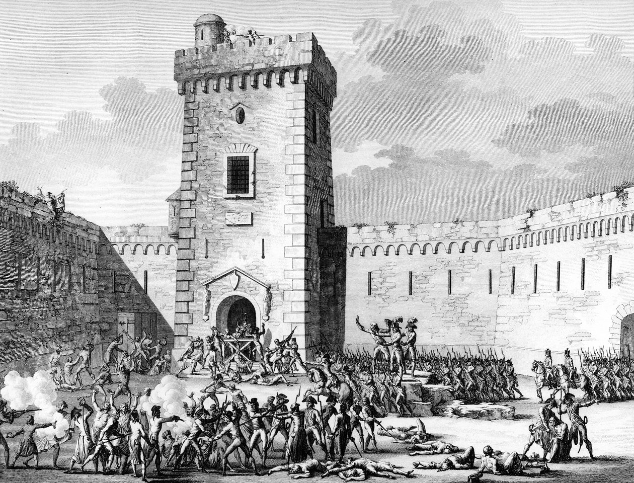 Ranskan vallankumous ja vallankumouksen vastaiset liikkeet: Jakobiinit pysähtyvät Marseillessa ja Aubagne lukittuina Fort Saint Johniin Marseillessa ja kuninkaallisten joukkomurhat 17. Prairial An III (5. kesäkuuta) tekijältä (after) Girardet