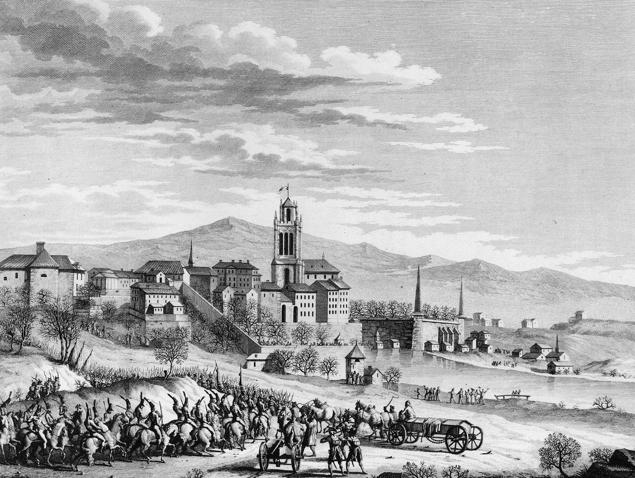 Ranskan vallankumouksen sota: Ranskan voittoisa tulo Berniin (Sveitsi) maaliskuussa 1798. Kaiverrus Berthaut Girardet
