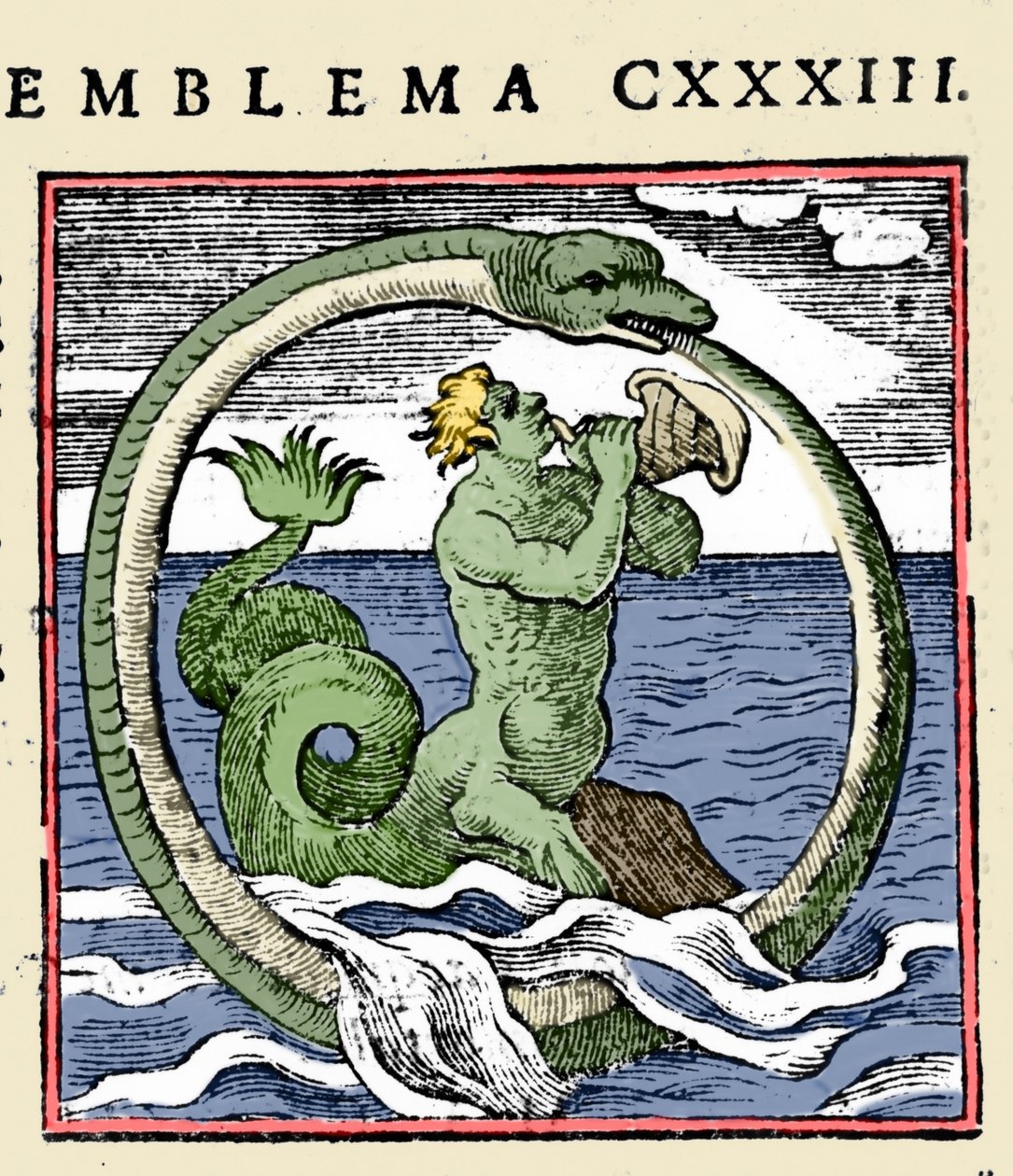 Triton ja ouroboros, kuvitus "Emblems" (Vihkon tunnukset) Andrea Alciati (värinen lito) tekijältä (after) Italian School
