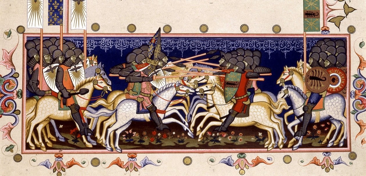 Taistelukohtaus (Imagined Crusades) - "Napolin Pyhän Hengen ritarikunnan säännöissä" (Pyhän Hengen ritarikunta) perustuu vuoden 1352 pienoismalliin tekijältä (after) Italian School