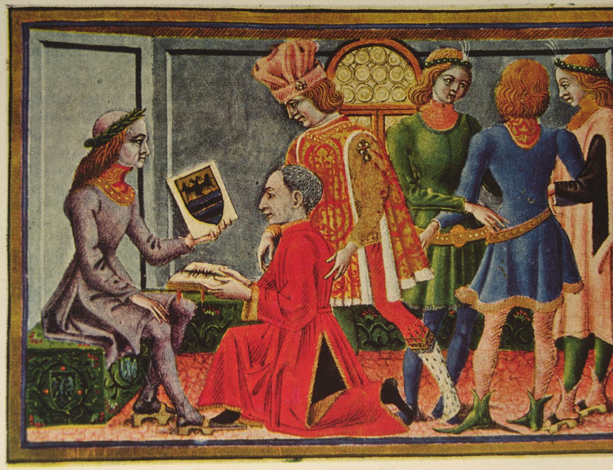 Keisari Fredrik III vastaanottaa tähtitieteilijä Giovanni Bianchinin kirjan "Tablets of Astrology" (värilitho) tekijältä (after) Italian School