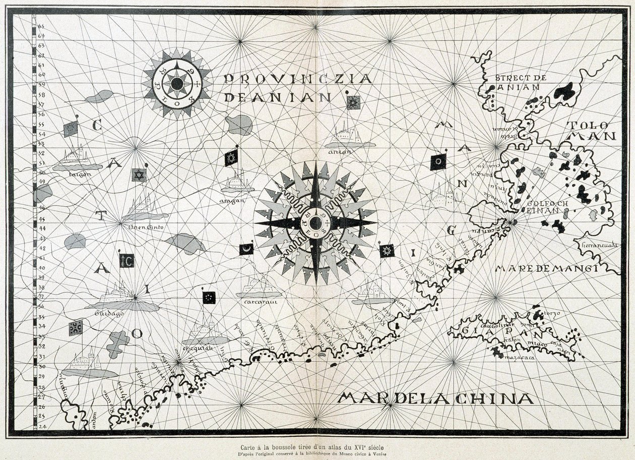 Kartta kompassista 1500-luvun atlasesta, joka perustuu Venetsian Museo Civicon kirjastossa säilytettyyn alkuperäiseen tekijältä (after) Italian School