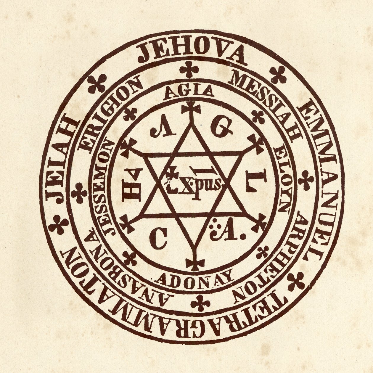 Okkulttiset tieteet: maaginen ympyrä. Kaavio "" De Occulta Philosophia "", jonka on kirjoittanut saksalainen okkultistitutkija Henry Cornelius Agrippa Nettesheimista (1486-1535) (tunnetaan nimellä Cornelius Agrippa tai Agrippa of Nettesheim) tekijältä (after) Italian School