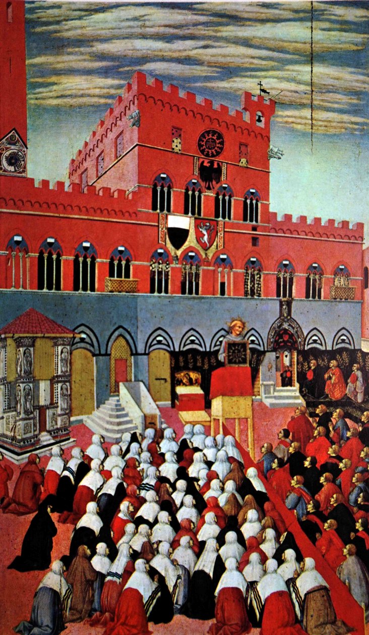 Pyhä Bernardino puhumassa kotikaupungissaan Sienassa (maalaus) tekijältä (after) Italian School