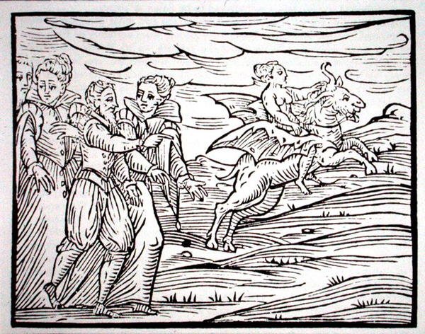 Noita pirullisen vuohen selässä, kopio kuvituksesta, joka on peräisin F. Guacciuksen vuonna 1608 Milanossa julkaisemasta "Compendium Maleticarum" -teoksesta, jota on käytetty 1800-luvun lopulla julkaistussa "History of Magic" -teoksessa (puupiirros). tekijältä (after) Italian School