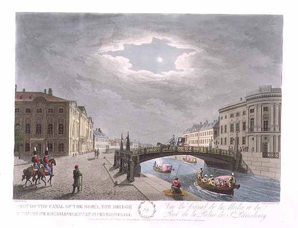 Näkymä Moika-kanavalle, sillalle ja poliisilaitokselle Pietarissa, heinäkuun kuvitus teoksesta "Vuosi Pietarissa", kaivertanut John H. Clark, värittänyt M. Dubourg, pub. 1815 Lontoossa, kirjoittanut Edward Orme (värikaiverrus) tekijältä (after) Mornay
