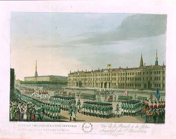 Näkymä paraatille ja keisarilliseen palatsiin Pietarissa, huhtikuun kuvitus teoksesta "A Year in St. Petersburg", kaivertanut John H. Clark, värittänyt M. Dubourg, pub. 1815 Lontoossa, kirjoittanut Edward Orme (värikaiverrus) tekijältä (after) Mornay