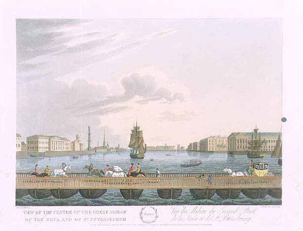 Näkymä Suuren Nevan sillan keskustasta, elokuun kuvitus teoksesta "Vuosi Pietarissa", kaivertanut John H. Clark, värittänyt M. Dubourg, pub. 1815 Lontoossa, kirjoittanut Edward Orme (värillinen kaiverrus) tekijältä (after) Mornay