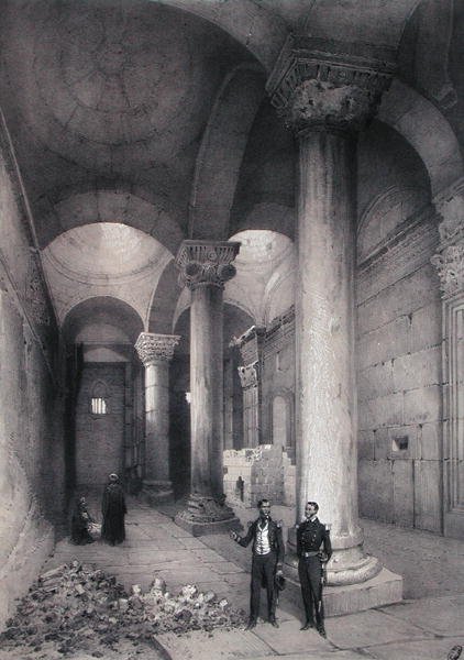 Jerusalemin kultaisen portin sisäpuoli, kuvitus Contre-Amiral Parisin teoksesta "Souvenirs de Jerusalem", kaiverrettu Hubert Clerget (1818-99) ja Jules Gaildrau (1816-98) (värilitho) tekijältä (after) Paris