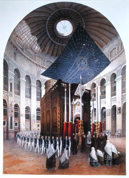 Pyhän haudan kirkko, kuvitus Contre-Amiral Parisin teoksesta "Souvenirs de Jerusalem", kaiverrus Hubert Clerget (1818-99) ja Jules Gaildrau (1816-98) (värilitho) tekijältä (after) Paris