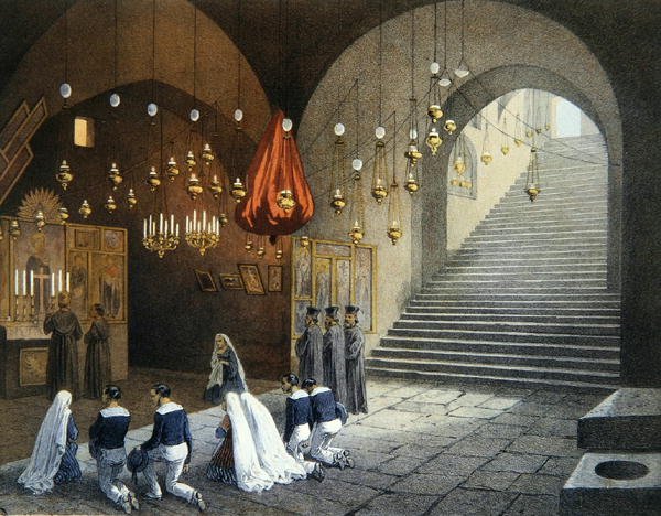 Neitsyt Marian hauta Efesoksessa Izmirin lähellä, kuvitus Contre-Amiral Parisin "Souvenirs de Jerusalem" -teoksesta, kaiverrukset Bachelier ja Jules Gaildrau (1816-98) (värilitho) tekijältä (after) Paris