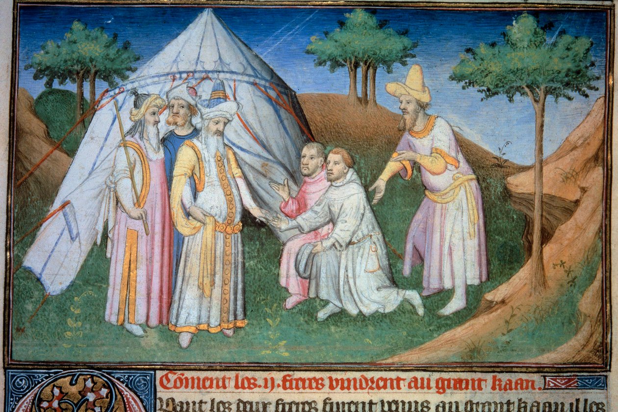 Veljet Nicolo ja Matteo Polo, nuoren Marco Polon (1254-1324) isä ja setä vastaanotettiin suuren Qubilain (Kubilai Khan, Mongolian Yuan-dynastian ensimmäinen keisari (1215-1294), Mongolian keisari vuonna 1271) hovissa. Miniatyyri otettu kohteesta " tekijältä (and workshop) Boucicaut Master