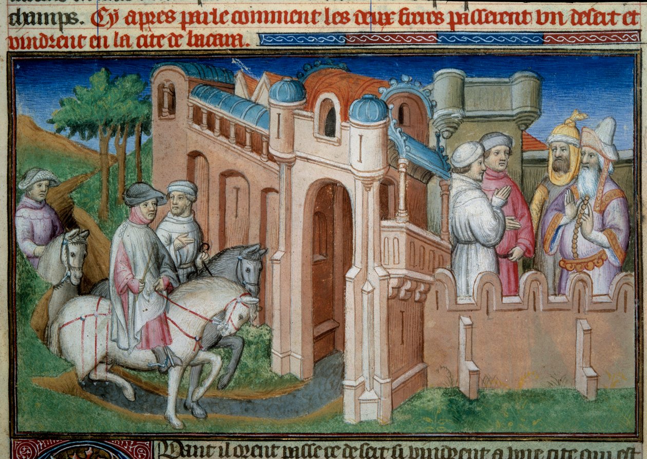 Veljekset Nicolo ja Matteo Polo, setä ja Marco Polon (1254-1324) isä saapuvat Bukharaan Uzbekistaniin. Pienoismalli otettu Marco Polon (1254-1324) "" The Book of Wonders -kirjasta" ("" Devisement du monde", "" Il Milione"), kuvittanut Boucin mestari tekijältä (and workshop) Boucicaut Master