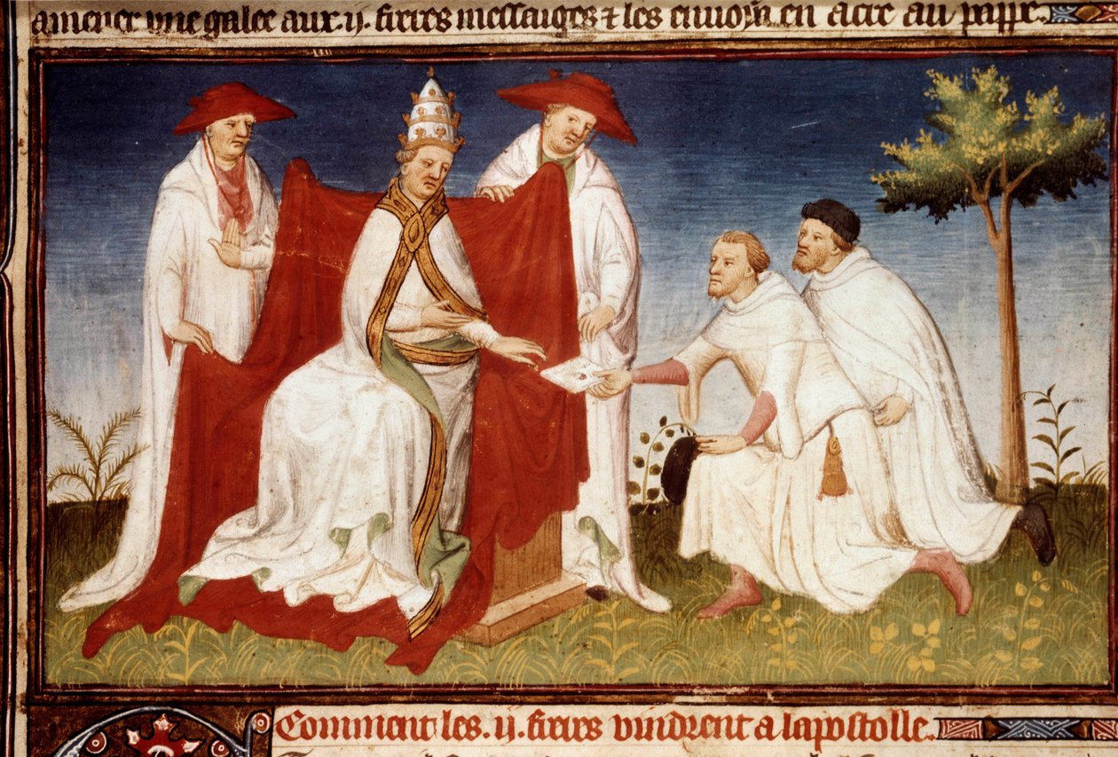Veljet Nicolo ja Matteo Polo, Marco Polon (1254-1324) setä ja isä, ojensivat paavi Gregoire X:lle kirjeen Qubilailta (Kubilai Khan, Mongolian Yuan-dynastian ensimmäinen keisari (1215-1294). Pienoiskuva otettu "" The Book of Wonders""" ("World Devise tekijältä (and workshop) Boucicaut Master