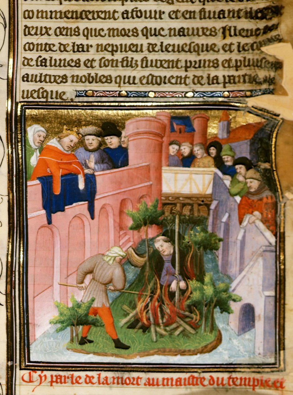 Cott Nero E II pt.2 fol.105 Temppeliherran polttaminen, julkaisusta "Les Grandes Chroniques de France", n. 1415 (vellum) tekijältä (and workshop) Boucicaut Master