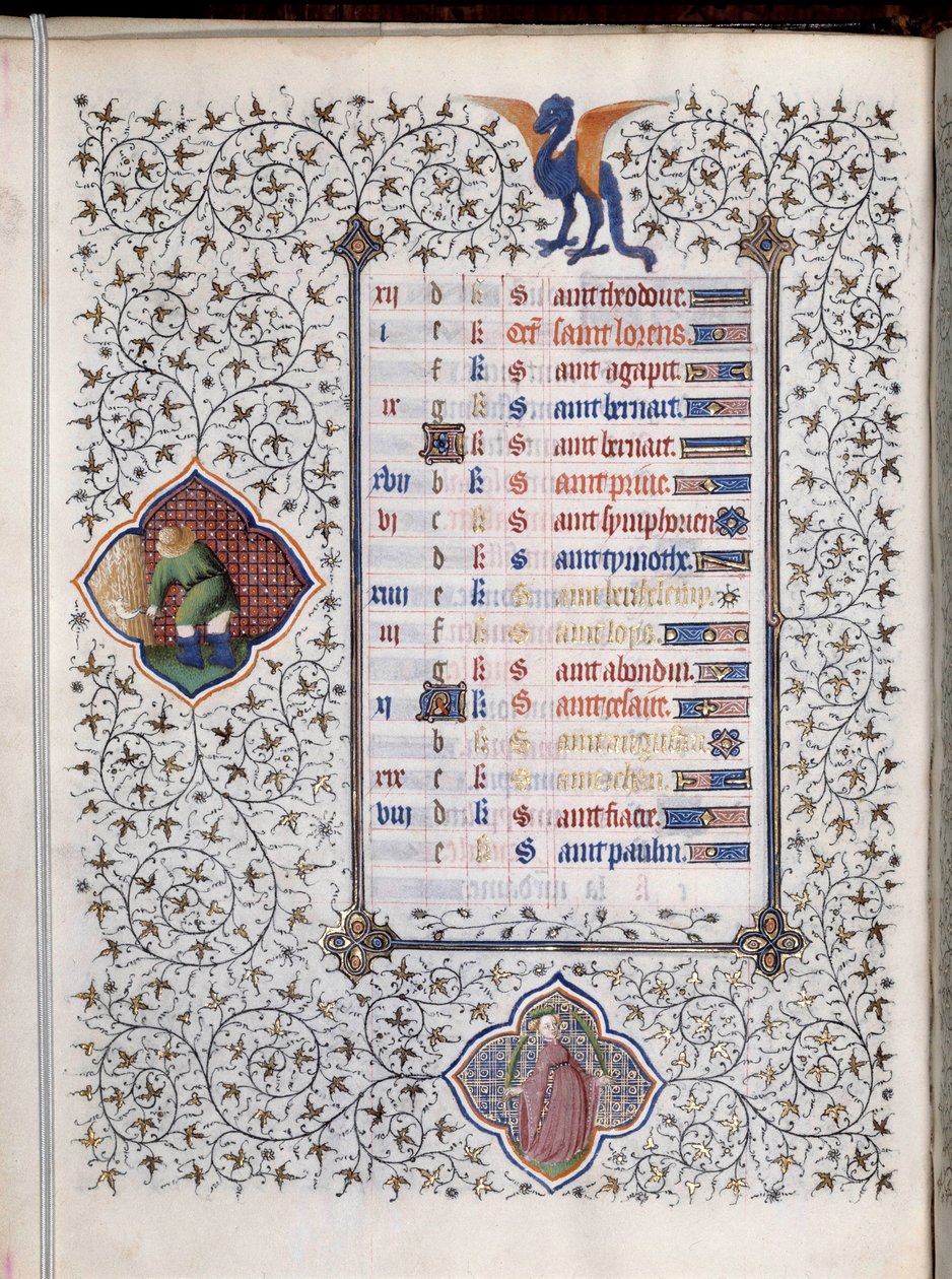 Käsikirjoitussivu "" Les Tres Riches Hours du Duke Francois de Guise"" on horoskooppimerkki ja maataloustyön, sadonkorjuun, esittely. Boucicaut