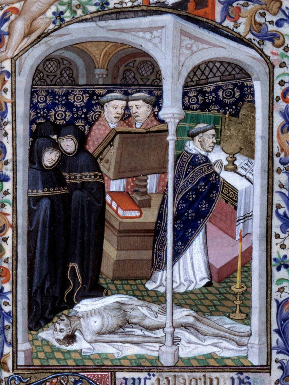 Kohtaus funebre-seremoniasta ja makaaberista tanssista Pienoiskuva Pariisissa käytetystä Tuntien kirjasta, jota valaisi Atelier du Maitre d Boucicaut, noin 1415. Paris, B.N. tekijältä (and workshop) Boucicaut Master