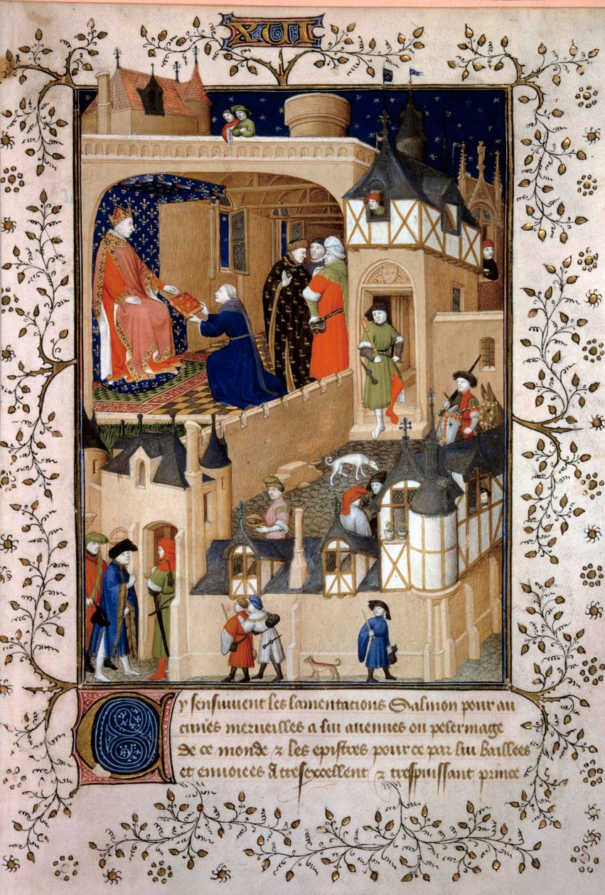 Poliittinen seikkailija Peter the Fruitier dit Salmon tarjoaa käsikirjoitustaan kuningas Kaarle VI:lle (1368-1422). Pienoiskuva Pierre Salmonin "Answers a Charles VI et Lamentations" -teoksesta, jonka Maitre de Boucicaut