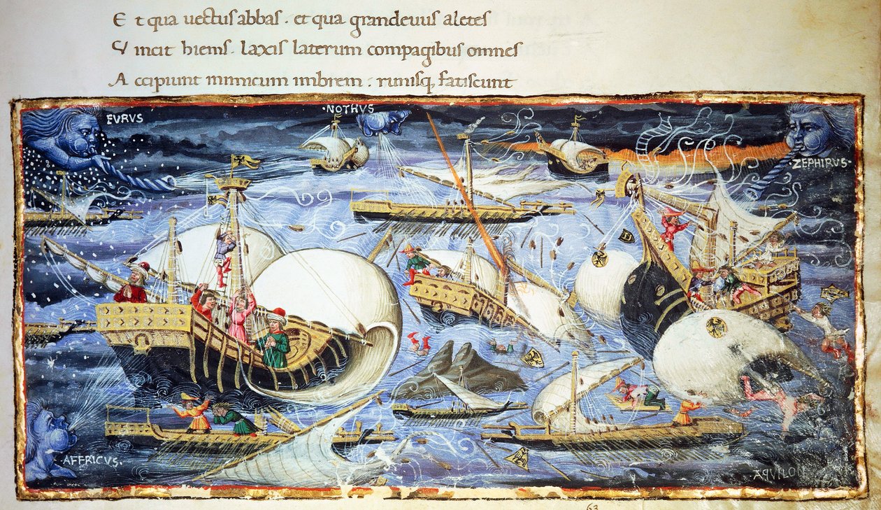 Purjelaivat, Aeneidin kuvitus, Vergilius (70-19 eKr.) eeppinen runo, Apollonio di Giovannille (1415-1465) kuuluva pienoismalli tekijältä (attr. to) Apollonio di Giovanni