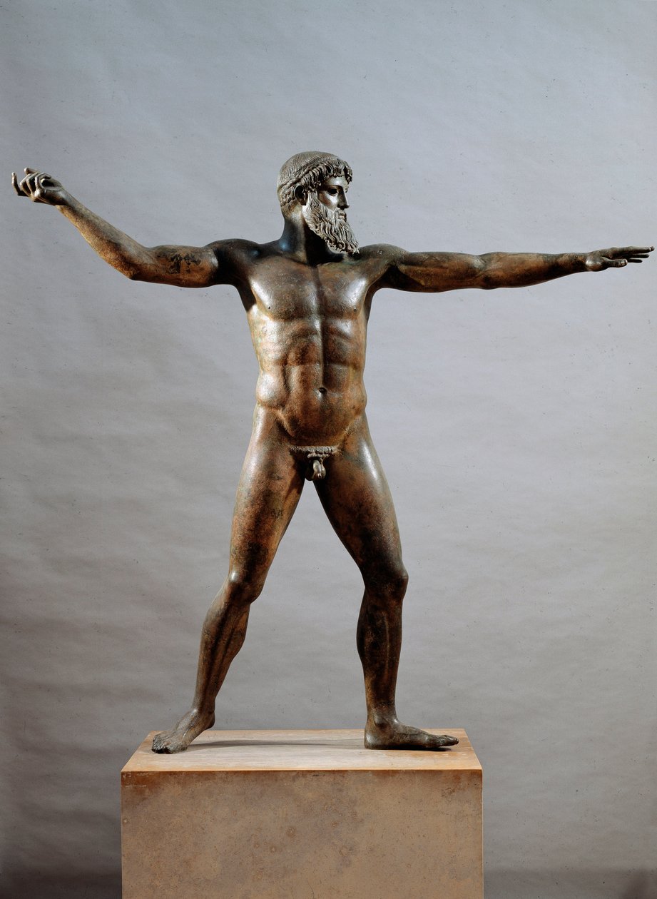 Kreikkalainen taide: Pronssinen patsas, jota kutsutaan Cape Artemisionin jumalaksi, kuvanveistäjä Kalamis (5. vuosisata eKr.), 460 eKr., Dim. 209 cm - Athenes, Kansallinen arkeologinen museo (inv. 15161) - Kreikkalainen sivilisaatio: Zeuksen tai P:n patsas tekijältä (attr. to) Kalamis