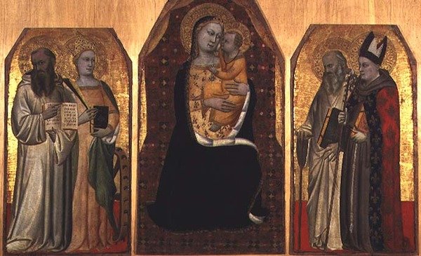Triptyykki: Madonna ja lapsi neljän pyhän rinnalla (tempera paneelissa) tekijältä (attr to) Puccio di Simone