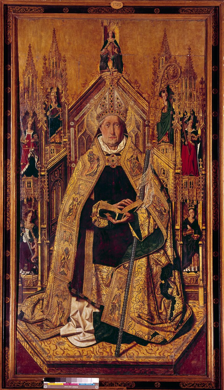 Pyhä Dominica de Silos (1000-1073) valtaistuimella Dominica oli navarran paimen. Hänestä tuli benediktiinimunkki Silosissa Kastiliassa. Cardenas Bermejon maalaus puulle (1435/40-1500) 1400-luku Dim. 242 x 130 cm Madrid, Prado-museo - Saint Dominique of tekijältä Bermejo