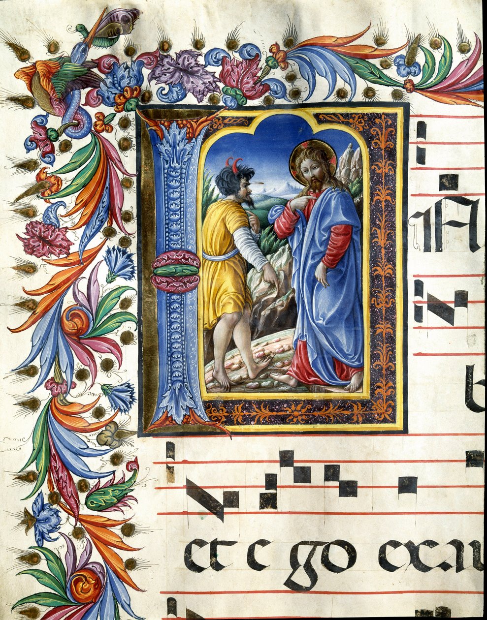 Liberale da Veronan (1445-1529) Kristuksen kiusausta kuvaava decoree-lettriini Sienan katedraalin kuorosta (Cod. 20/5. c.45v). 1400-luvun Sienan katedraali (Duomo), Italia tekijältä (c.1445 1527) Liberale da Verona