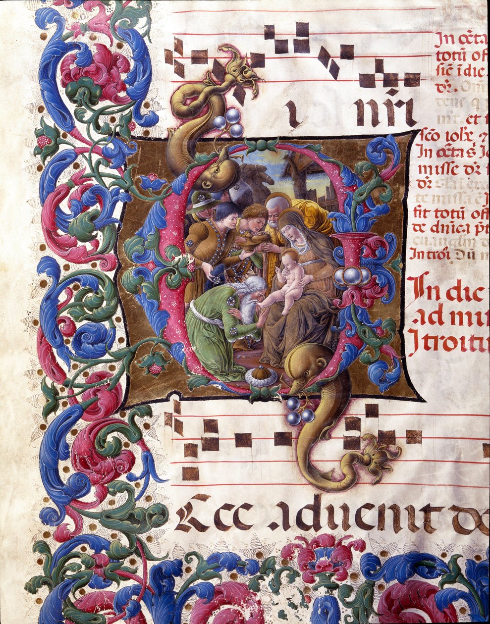 Decoree-lettriini, joka edustaa Liberale da Veronan (1445-1529) Magi-miniatyyrin palvontaa, kuorosta (Cod. 24/9. c.67v) Sienan katedraalista. 1400-luvun Sienan katedraali (Duomo), Italia tekijältä (c.1445 1527) Liberale da Verona