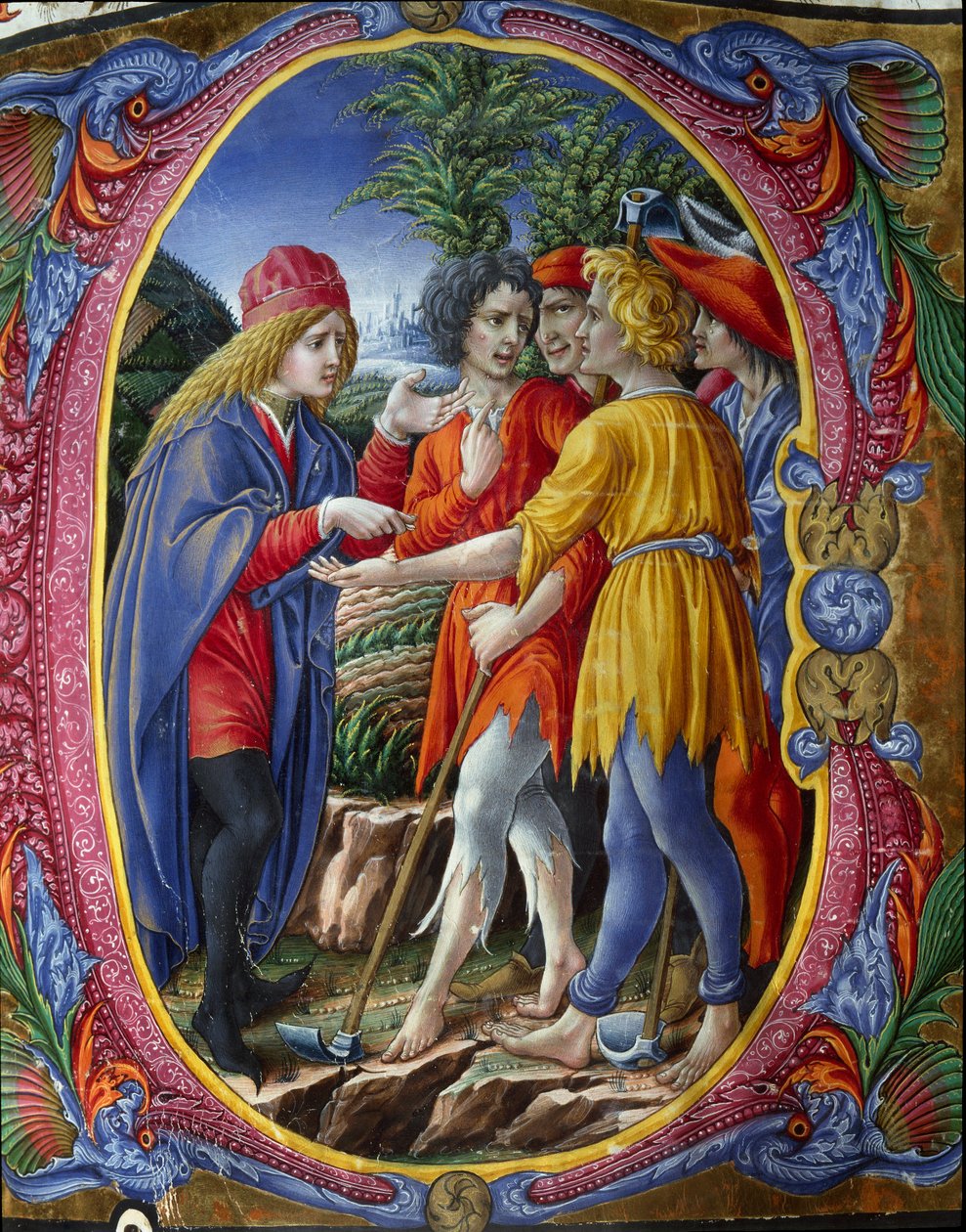 Decoree-lettriini, joka edustaa vertausta murhaavista viininvalmistajista (Evankeliumi St. Matteuksen mukaan Mt 21, 33-43) (Vertaus vuokralaisista) Miniatyyri Liberale da Verona (1445-1529) kuorosta (Cod. 20/5. c.). 2.) Sienan katedraalista. 15-luvulla tekijältä (c.1445 1527) Liberale da Verona