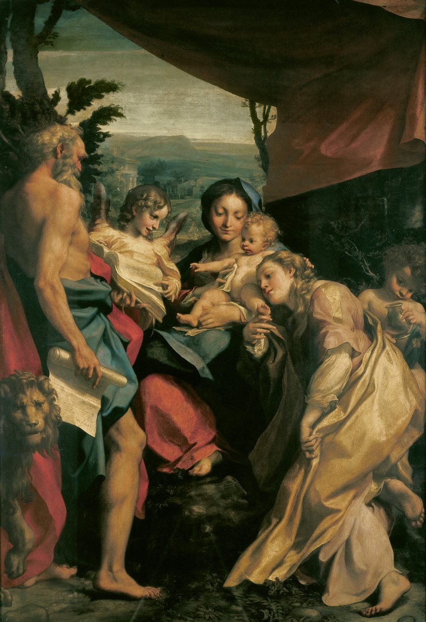 Antonio Allegrin Madonna Pyhän Hieromuksen kanssa (Päivä), joka tunnetaan nimellä Correggio (1489-n. 1534), öljy kankaalle, 205x141 cm, n. 1528 tekijältä (c.1489 1534) Correggio