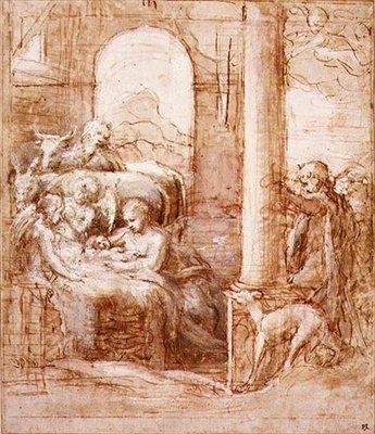 PD.119-1961 The Nativity, n. 1522 (kynä ja muste, pesu ja liitu) tekijältä (c.1489 1534) Correggio