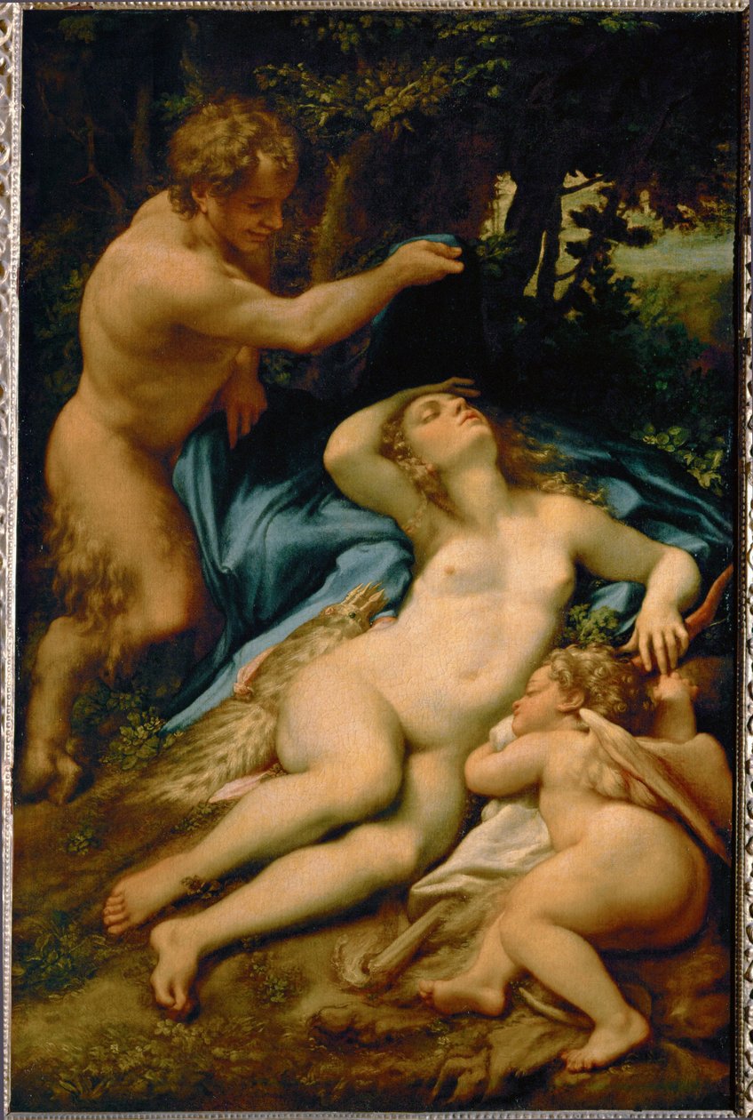 Venus nukkumassa, satyyrin havainnoimana - kutsutaan myös nimellä "Antiopen uni" ... tekijältä (c.1489-1534) Correggio