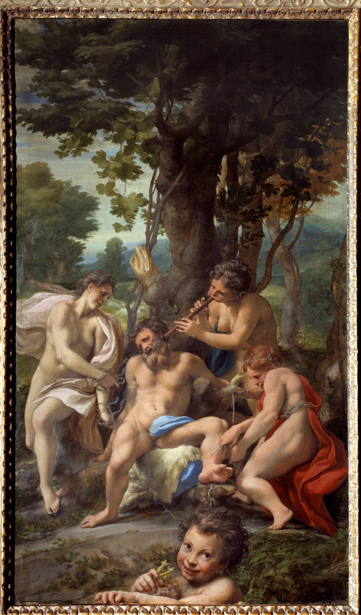 Allegory of Vices Naismuusikoiden ympäröimä satyyri. Antonio Allegrin maalaus dit Le Correge (Il Correggio) (1489/1494-1534) 1500-luvun su. 1,48x0,88 m tekijältä (c.1489 1534) Correggio