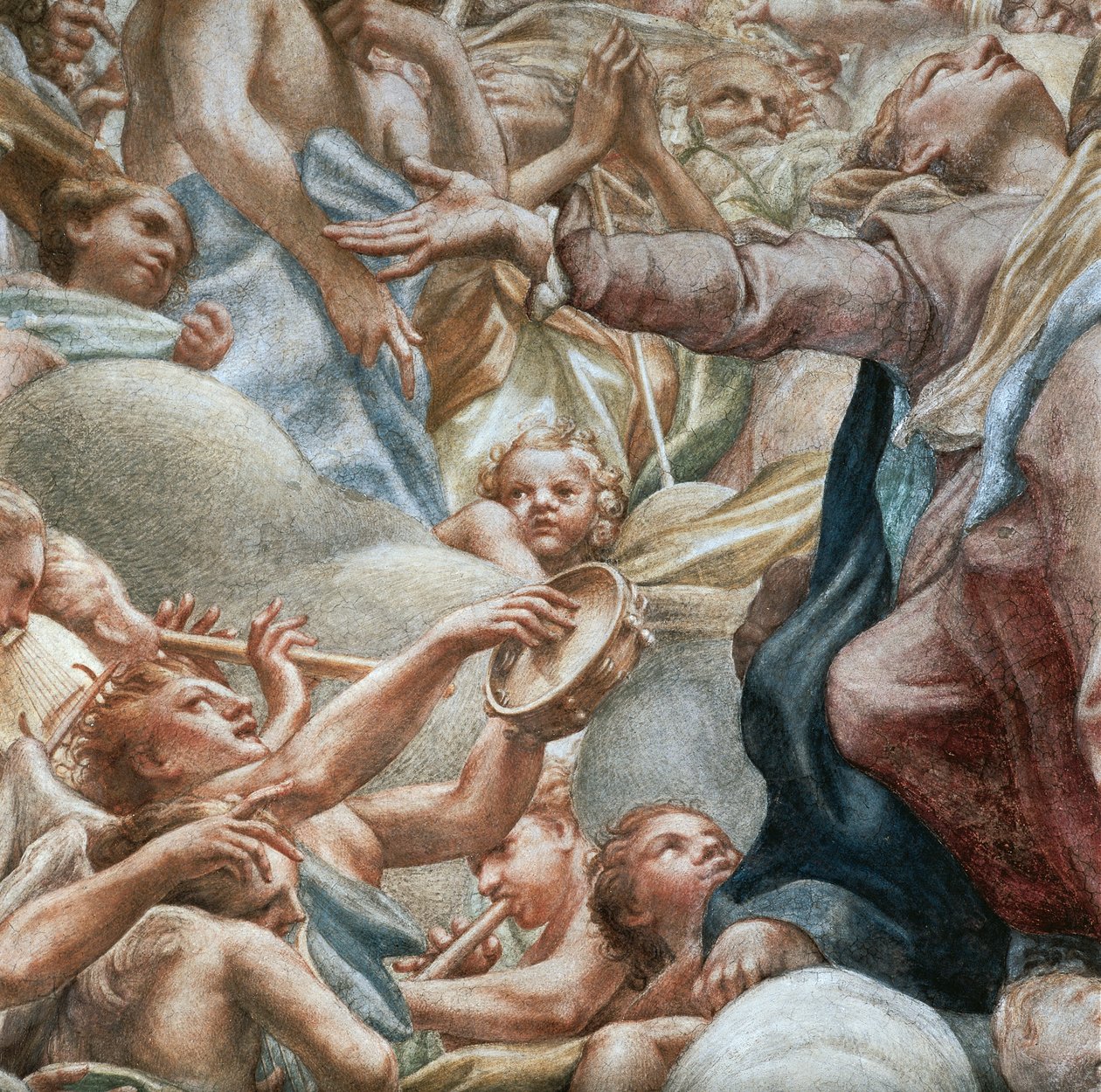 Enkelit soittavat musiikkia, yksityiskohta Assumption of Virginista tekijältä (c.1489 1534) Correggio